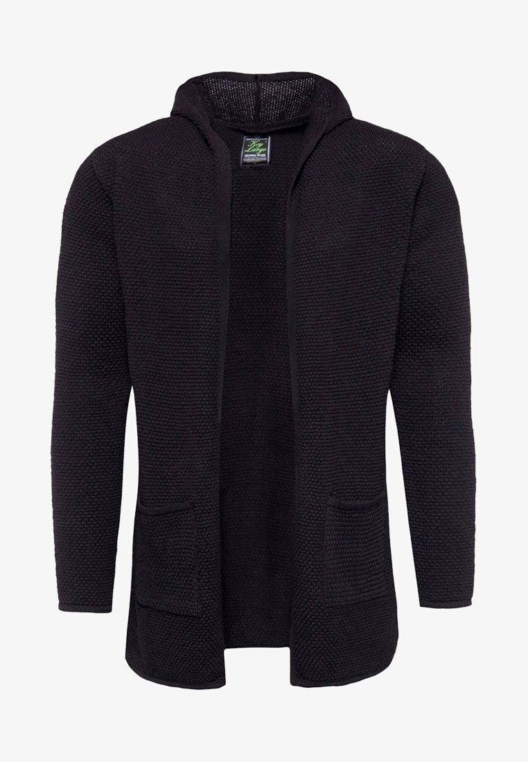 Cardigan noir en tricot avec une ouverture avant, un tissu texturé, une capuche et deux poches frontales. Manches longues avec une coupe décontractée.