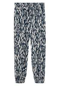Pantalon ample avec imprimé léopard abstrait bleu marine et blanc, taille élastique avec cordon et poignets élastiques aux chevilles.