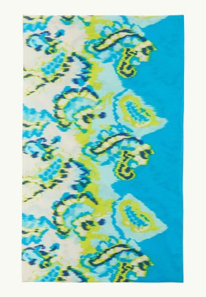 Klarblåt, limegrønt og hvidt abstrakt blomsterprint på et rektangulært stof med en ensfarvet blå kant.