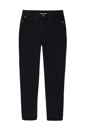Jeans neri a vestibilità slim, caratterizzati da dettagli in rivetti di rame, tasche frontali e una consistenza denim liscia e elastica.