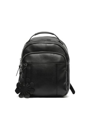 Black leather backpack with front zipper pocket and flower-shaped leather keychain hanging from the zipper pull.