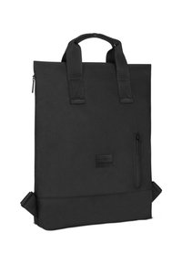 Sac à dos rectangulaire noir avec poignées supérieures, une petite poche zippée verticale à l'avant, et un patch logo « Johnny Urban » sur le devant.