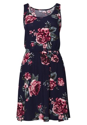 Granatowa sukienka bez rękawów z różowym i czerwonym kwiatowym nadrukiem, dopasowaną talią i okrągłym dekoltem.