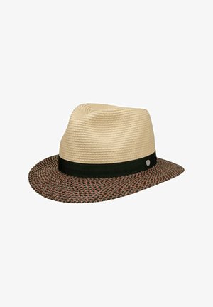 Light beige straw hat with a wide brim, featuring a textured dark green band and a patterned dark edge. Soft, flexible material.