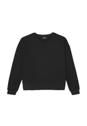 Zwarte sweatshirt, katoenmix, ronde hals, lange mouwen, ribgebreide manchetten en zoom, minimalistisch ontwerp zonder zichtbare patronen of accenten.