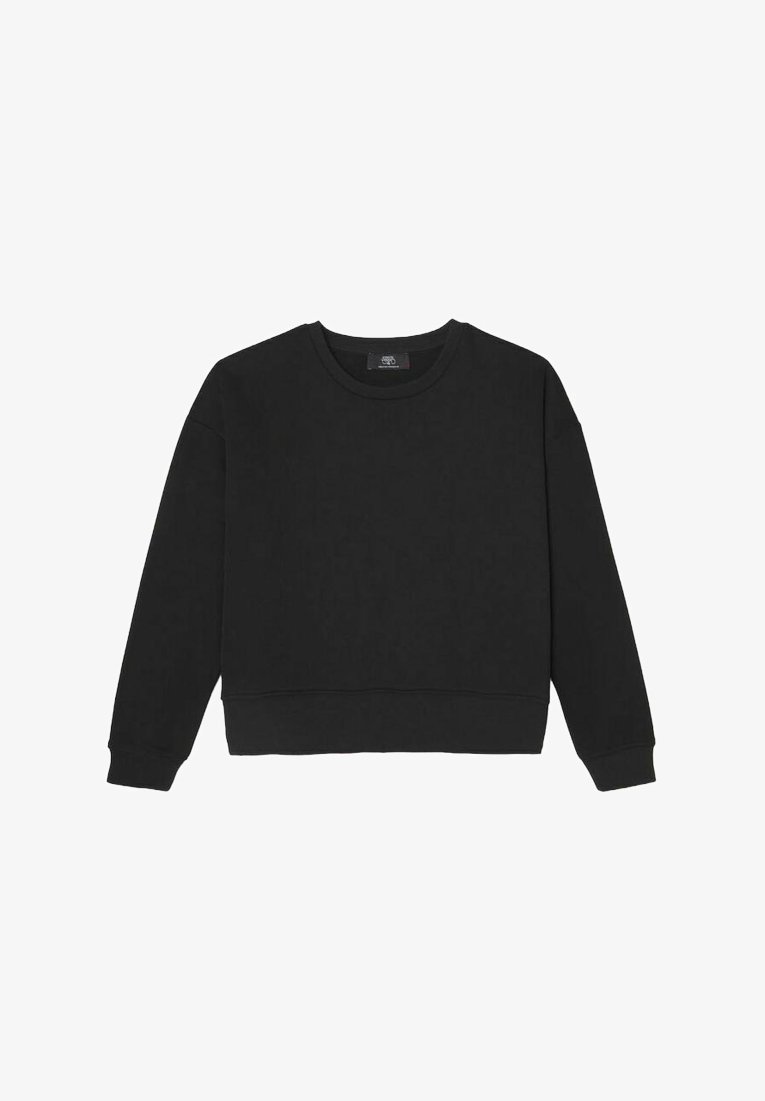 Sweatshirt noir, mélange de coton, col ras du cou, manches longues, poignets et ourlet côtelés, design minimaliste sans motifs ni accents visibles.