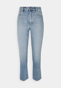 Vaaleansinisiin farkkuihin, joissa on korkea vyötärö, suora leikkaus ja raakapää. Ominaisuuksiin kuuluu klassinen viiden taskun muotoilu ja vetoketjullinen suljin.