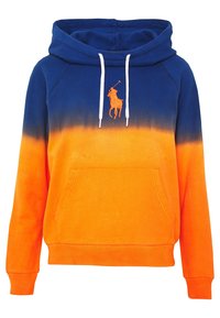 Hoodie s modro-oranžovým gradientem, přední kapsou, bílými šňůrkami a oranžovým logem polo hráče na hrudi.