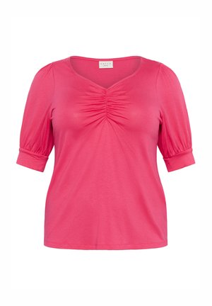 Camiseta rosa con escote en V, mangas cortas abullonadas y detalles fruncidos en el pecho. Fabricada con un tejido suave y elástico.