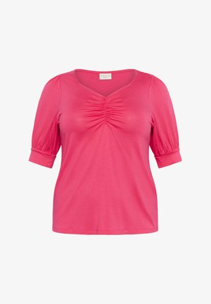 Pink t-shirt with a V-neck, short puff sleeves, and gathered detailing at the chest. Made from soft, stretchy fabric.