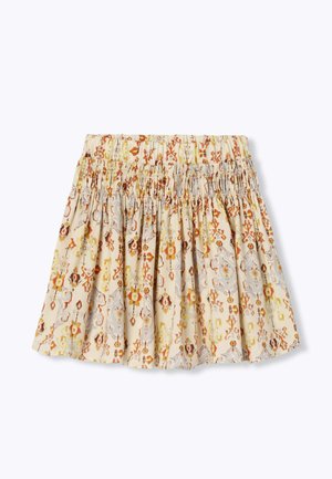 Jupe beige à taille élastique avec tissu froncé et motifs floraux dans des tons orange, jaune et gris.