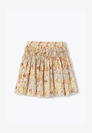 Jupe beige à taille élastique avec tissu froncé et motifs floraux dans des tons orange, jaune et gris.