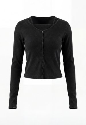 Sort langærmet ribbet cropped cardigan med knapper, scoop halsudskæring og syv knapper foran.