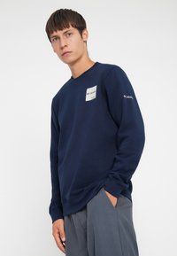 Felpa blu navy realizzata in tessuto morbido, con colletto a girocollo, maniche lunghe e una patch con logo sul petto con un sottile marchio sulla manica.