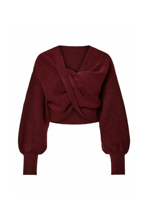 Maglione corto bordeaux lavorato a maglia con dettaglio anteriore intrecciato e maniche lunghe a sbuffo con polsini aderenti.