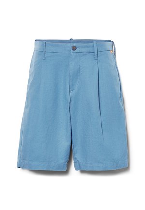 Light blue shorts made from soft fabric, featuring a pleated front, pockets, and a button closure with a contrasting button accent.