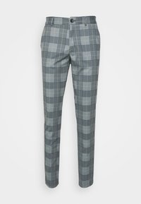 Šedé slim-fit kalhoty s černobílým vzorem kostky, s knoflíkovým zapínáním a poutky na opasek, vystavené na bílém pozadí.