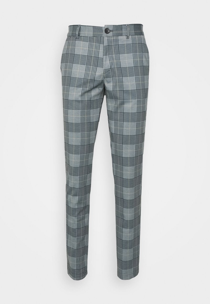 Šedé slim-fit kalhoty s černobílým vzorem kostky, s knoflíkovým zapínáním a poutky na opasek, vystavené na bílém pozadí.