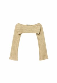 Beżowy sweter o krótkim kroju, z kwadratowym dekoltem, długimi rękawami i fakturowanym wzorem w warkocze. Miękka tkanina z delikatnym streczem.