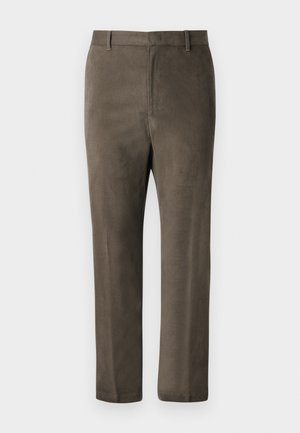 Brown tailored trousers made from soft fabric, straight leg design, with a flat front, belt loops, and no visible pockets.