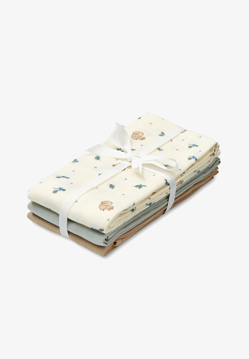 Stapeltje van drie opgevouwen doeken in beige, lichtgrijs en crème met kleine dieren- en plantenprints, vastgebonden met een wit lint.