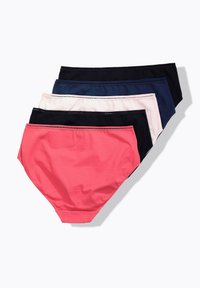 Cinque paia di mutandine da donna in misto cotone; i colori includono corallo, rosa chiaro e blu navy scuro. Presentano bordi senza cuciture e una texture liscia.