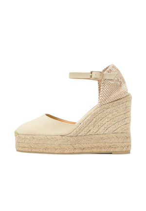 Espadrille compensée beige avec plateforme en jute tressé, bout fermé, bride de cheville avec boucle et contrefort de talon texturé dans des tons neutres.