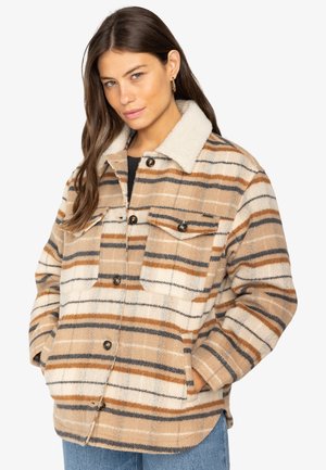 Beige, rutigt jacka med en mjuk, shearlingkrage. Den har bruna och grå ränder, två bröstfickor och knappstängningar. Strukturerad tyg.