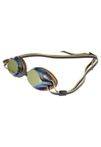 Swimming goggles with mirrored green lenses, blue and brown frames, and black and gold straps. Features the brand name "BECQ" on the frame.