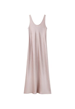 Abito lungo senza maniche rosa chiaro con scollo rotondo e silhouette fluida su sfondo bianco.