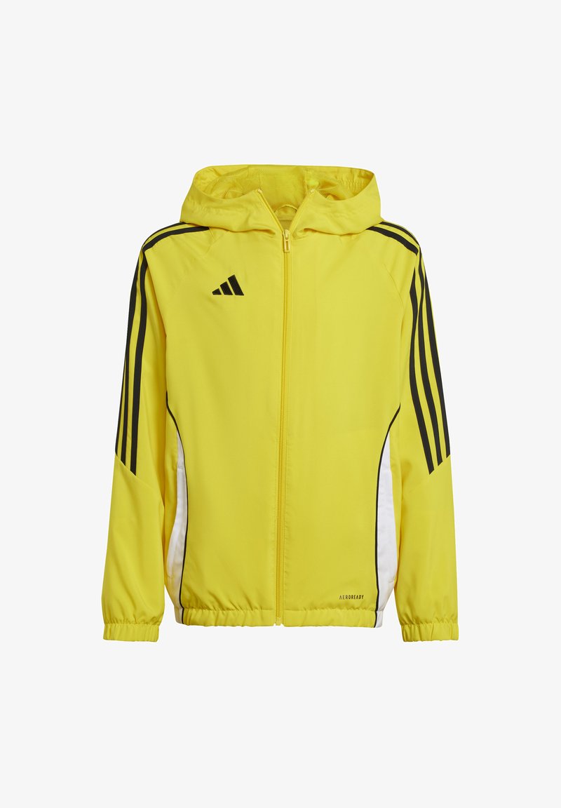 Veste zippée jaune avec une capuche, dotée d'accents noirs à trois rayures sur les manches, de panneaux latéraux blancs, et du texte 'AEROREADY' au bas.