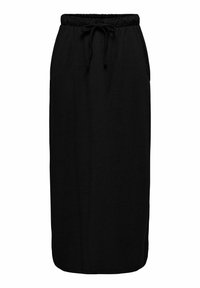 Zwarte midi rok van zachte stof. Voorzien van een elastische tailleband met een trekkoord, zijzakken en een rechte pasvorm.