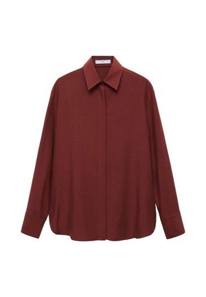 Long-sleeve burgundy shirt with a pointed collar, front button closure, and a loose fit. Made of smooth fabric with a minimal design.