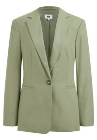 Ljusgrön kavaj i texturerat tyg, med en knapp, spetsiga slag och två sidofickor.