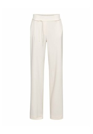 Rechte broek in crèmekleur met hoge taille en een dunne bijpassende veterceintuur, weergegeven op een effen witte achtergrond.