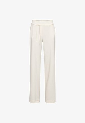 Rechte broek in crèmekleur met hoge taille en een dunne bijpassende veterceintuur, weergegeven op een effen witte achtergrond.