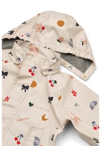 Bež nepremočljiva jakna z rjuho, pisanimi vzorci, vključno z živalmi in oblikami, z zapiranjem na pritrdilne gumbe in dvema sprednjima žepoma.