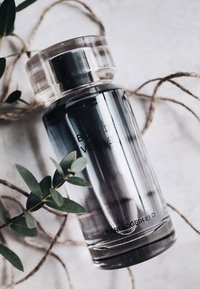 Transparent flaska med en gradient från klar till mörkgrå. Klar kork och präglad text "BOIS DE VETIVER" och "KARL LAGERFELD" på basen.