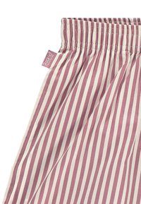 Țesătură rayată cu linii verticale înguste de crem și burgundy, cu un talie elastica strânsă, având un mic etichetă pe lateral.