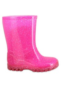 Une botte de pluie en caoutchouc rose vif pailletée avec une semelle texturée, conçue pour la protection par temps humide.