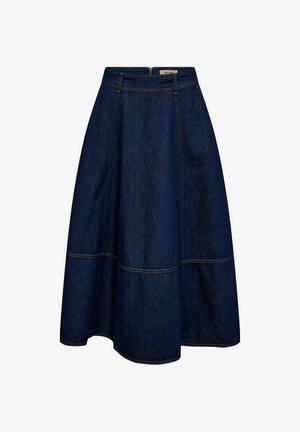 Tummansininen A-linjainen hame, jossa on vetoketjukiinnitys, näkyvät saumat sivuilla ja jämäkkä siluetti. Polven puoliväliin ulottuva pituus ilman koristeita.