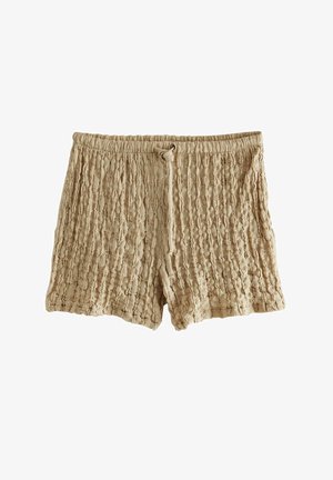 Beige textuurschema shorts met een gekreukt patroon, elastische tailleband en trekkoord. Heeft een losse pasvorm en een gladde stof.
