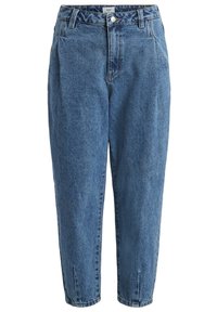 Jasnoniebieskie dżinsy z wysokim stanem, zwężanymi nogawkami i zapięciem na guziki z przodu. Posiada ukośne kieszenie boczne oraz dwie kieszenie z tyłu.