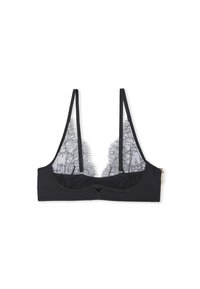 Schwarzes Bralette mit einem Spitzenrücken, dünnen Trägern, einer geschwungenen Form und einem Frontverschluss. Strukturierter Stoff mit floralen Spitzenakzenten.