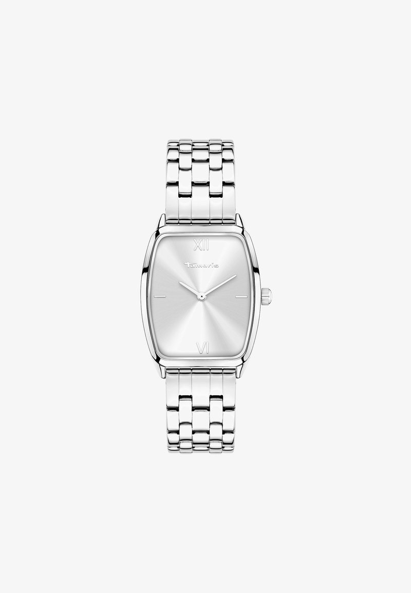 Montre-bracelet argentée avec cadran rectangulaire, chiffres romains aux 12 et 6, marques minimales et bracelet métallique en maillons, affichant l’heure 10h10.