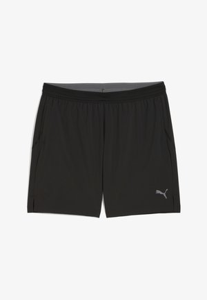 Schwarze Sportshorts aus leichtem Stoff. Sie verfügen über einen elastischen Bund, Seitentaschen und ein dezentes graues Logo an der unteren Vorderseite.