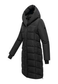 Schwarze gepolsterte Winterjacke mit hohem Kragen und großer Kapuze. Verfügt über Knopfverschlüsse, Taschen an den Seiten und gerippte Bündchen. Glatte, matte Textur.