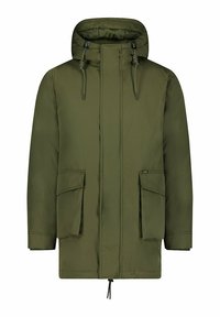 Olivekowy, ocieplany parka z kapturem, zapinany na zamek błyskawiczny z przodu, wyposażony w dwie duże kieszenie z przodu i regulowany sznurek w dolnej części.