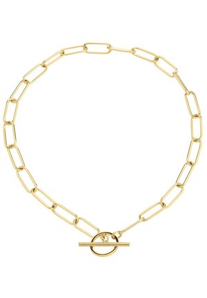 Collier chaîne en or avec des maillons rectangulaires allongés et un fermoir à bascule circulaire au centre devant.