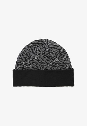 Berretto nero con motivo grigio testurizzato. Realizzato in morbido materiale lavorato a maglia con risvolto. Design con scritta audace che copre la parte superiore.